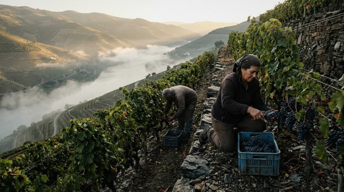 Grape pickers at dawn on a steep Douro Valley terrace during the September and October harvest season