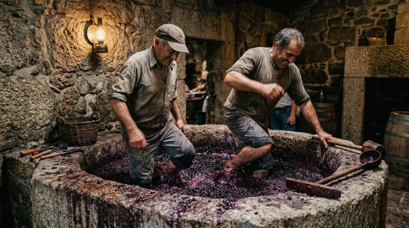 Grape treading in a stone lagar during the Douro Valley harvest season
