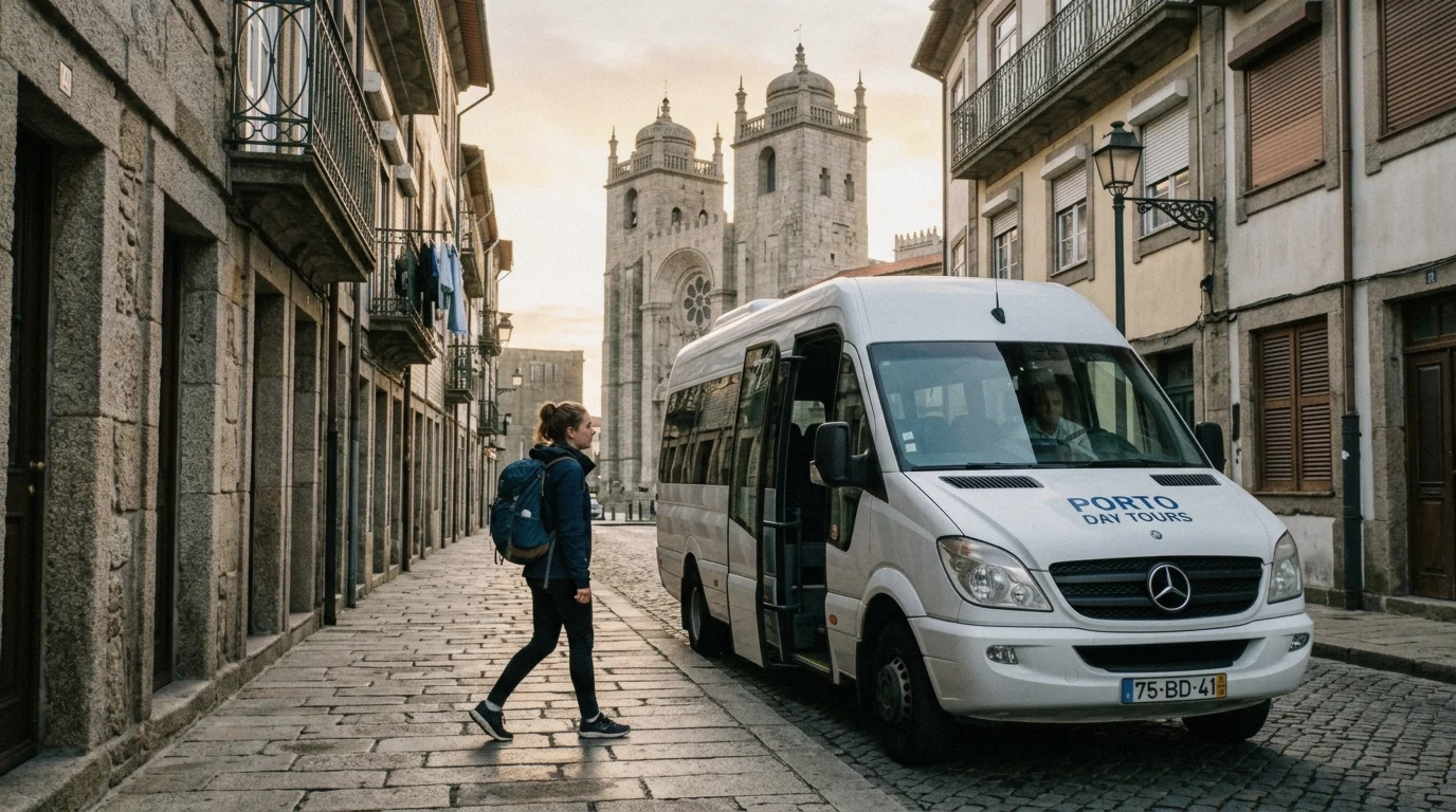 Morning minibus pickup near Porto Cathedral at the start of a Douro Valley wine tour from Porto